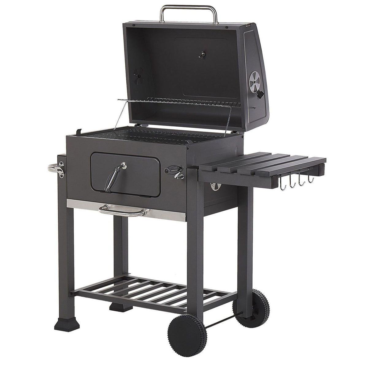 Grill węglowy BBQ, stal szara, z pokrywą, rusztem, kółkami, 2 półkami, termometrem, wyjmowaną popielniczką, Garden Pavlof - szary(Por omisión)