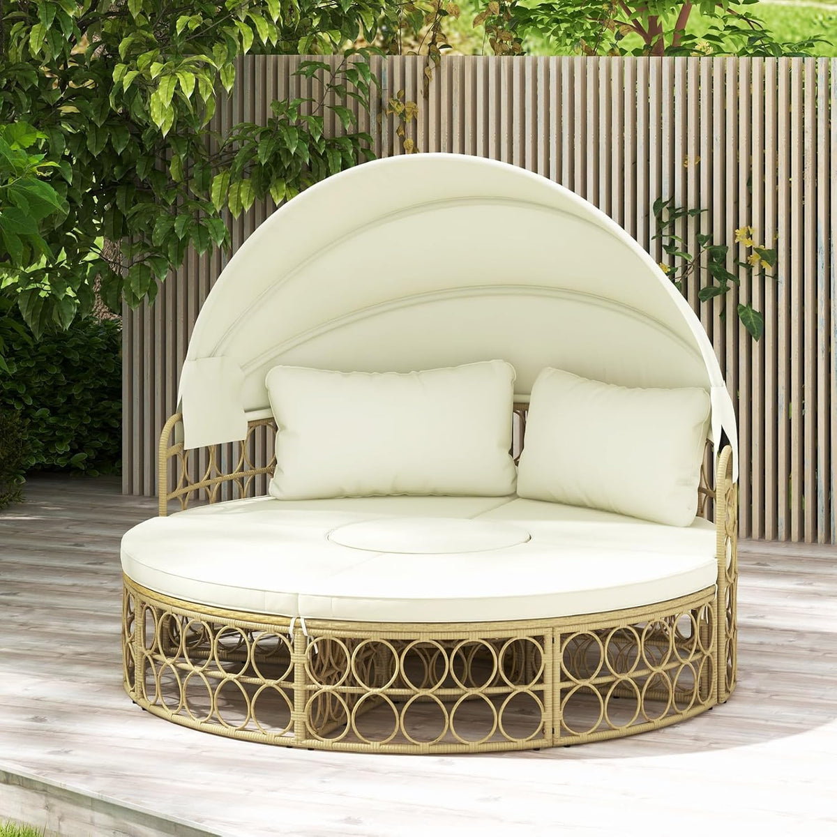 GIANTEX Sofa rozkładana okrągła z wysuwaną markizą, 5-częściowy zestaw mebli ogrodowych PE modułowy leżak rattanowy, zestaw mebli ogrodowych 180 x 150 cm, na werandę, tył, basen, beżowy